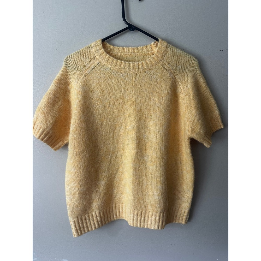 100% Mohair Short Sleeve Sweater Yellow Marl Knit Crew Neck Top Small
